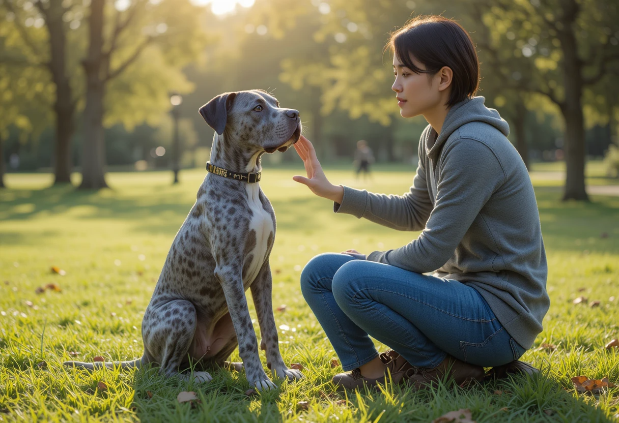 Merle Great Dane: Beautiful or Risky? Genetics, Health & Care Truths 6 Merle Great Dane puppy training with owner outdoors