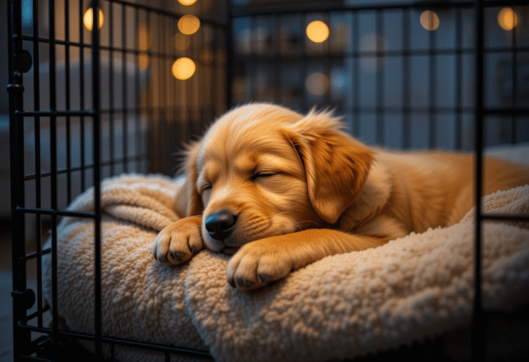 Golden retriever puppy following the best crate schedule for puppy at night, sleeping peacefully in a cozy crate.