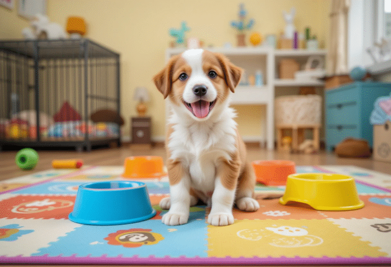 Adorable 8-week-old puppy following a puppy schedule 8 weeks, sitting on a colorful training mat with toys, feeding bowls, and a crate in a bright home setting