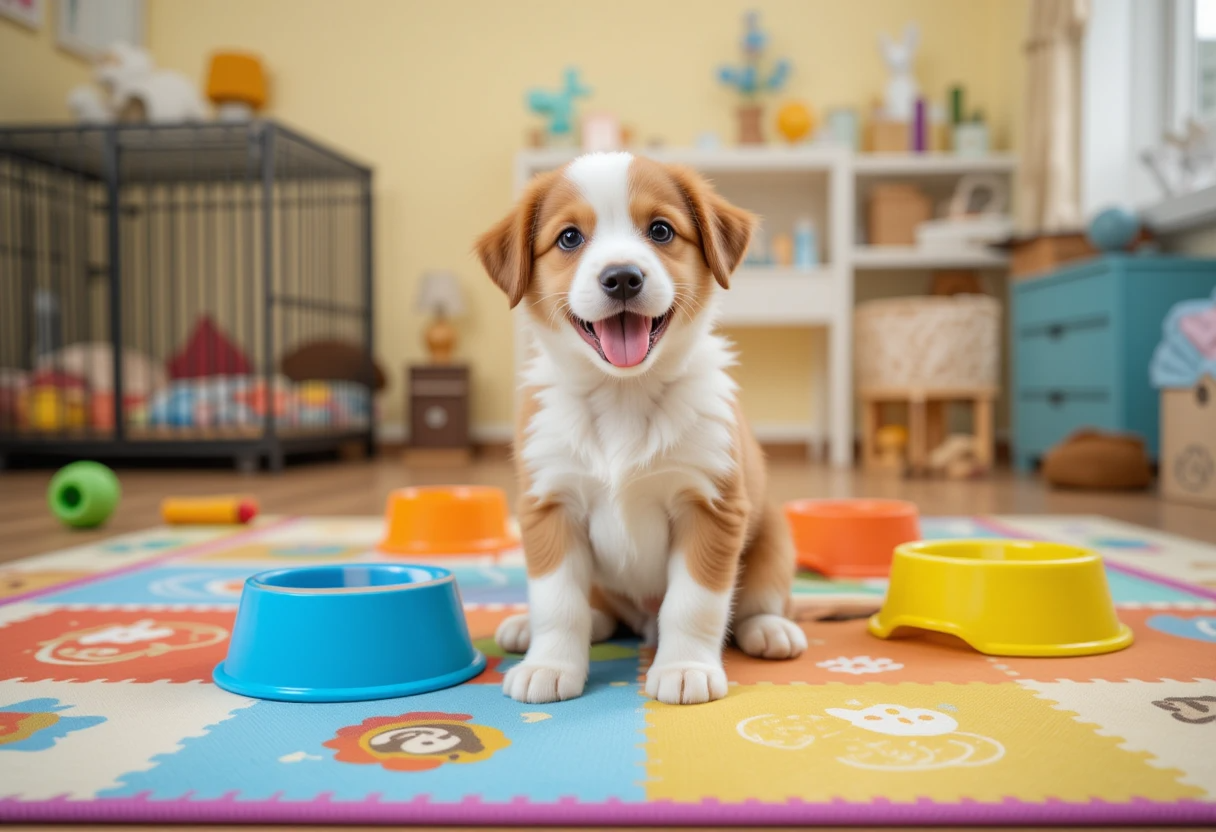 Adorable 8-week-old puppy following a puppy schedule 8 weeks, sitting on a colorful training mat with toys, feeding bowls, and a crate in a bright home setting