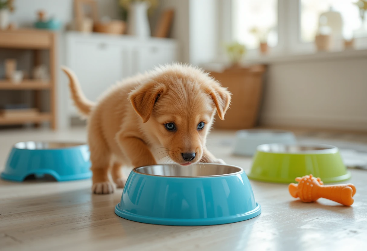 Puppy Schedule 8 Weeks Old – Free, Vet-Approved Daily Routine Inside 3 Puppy schedule 8 weeks feeding time with an adorable 8-week-old puppy eating from a bowl, showing a well-structured feeding routine in a bright home setting.