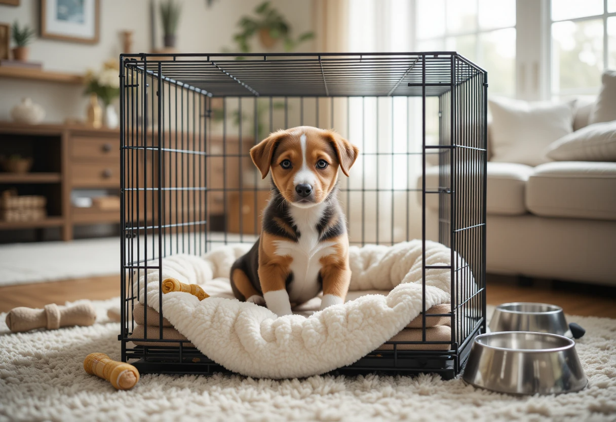 Puppy Schedule 8 Weeks Old – Free, Vet-Approved Daily Routine Inside 4 8-week-old puppy happily resting in a cozy crate with soft bedding and toys, illustrating an ideal puppy schedule 8 weeks including crate training.