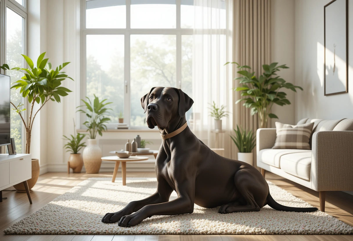 Great Dane relaxing in a modern apartment, one of the best big dog breeds for apartments, calm and apartment-friendly large dog.