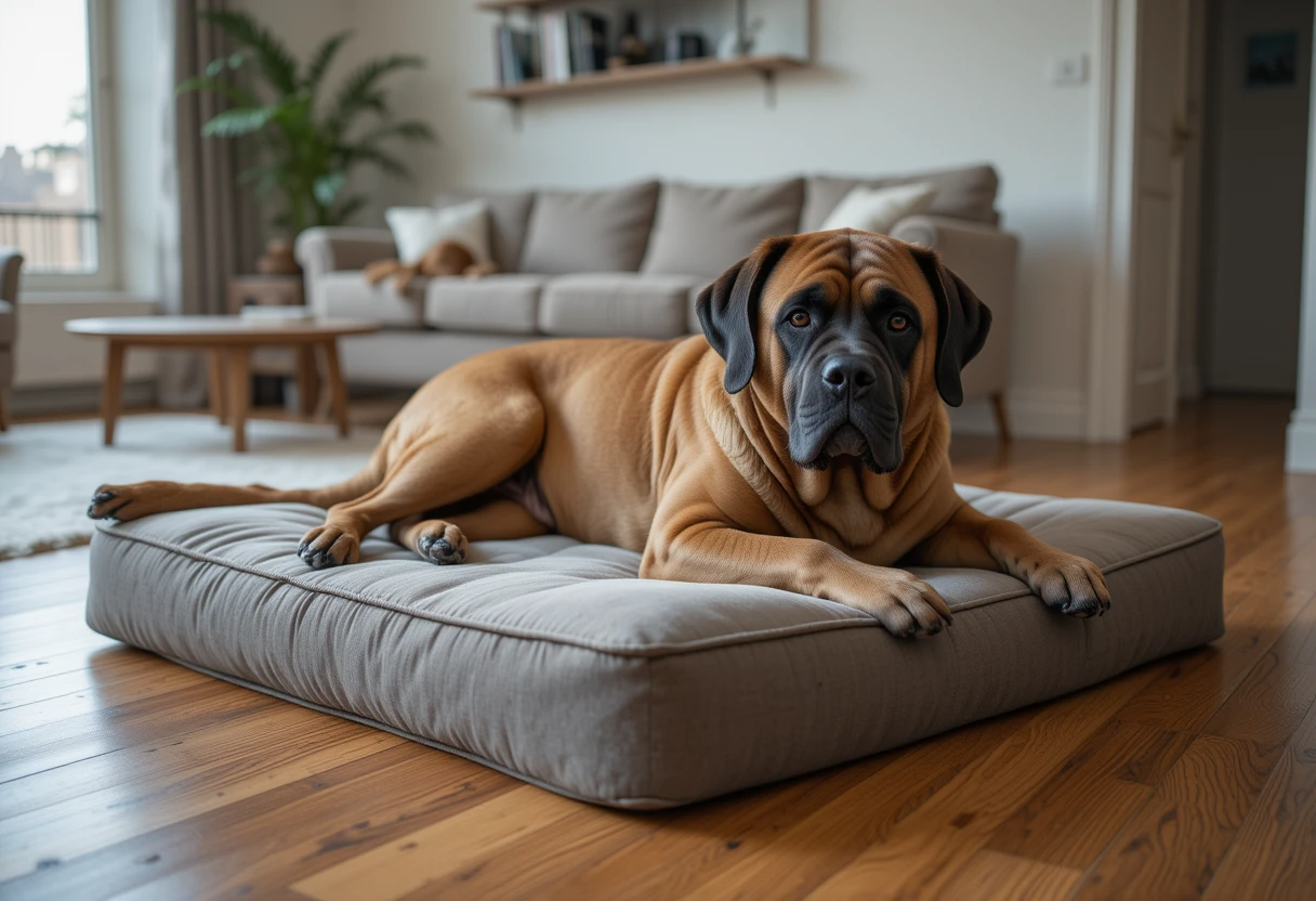 Top 8 Best Big Dog Breeds For Apartments 4 English Mastiff resting on dog bed in apartment