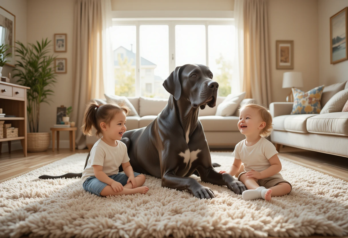 Great Dane sitting calmly with small children playing safely