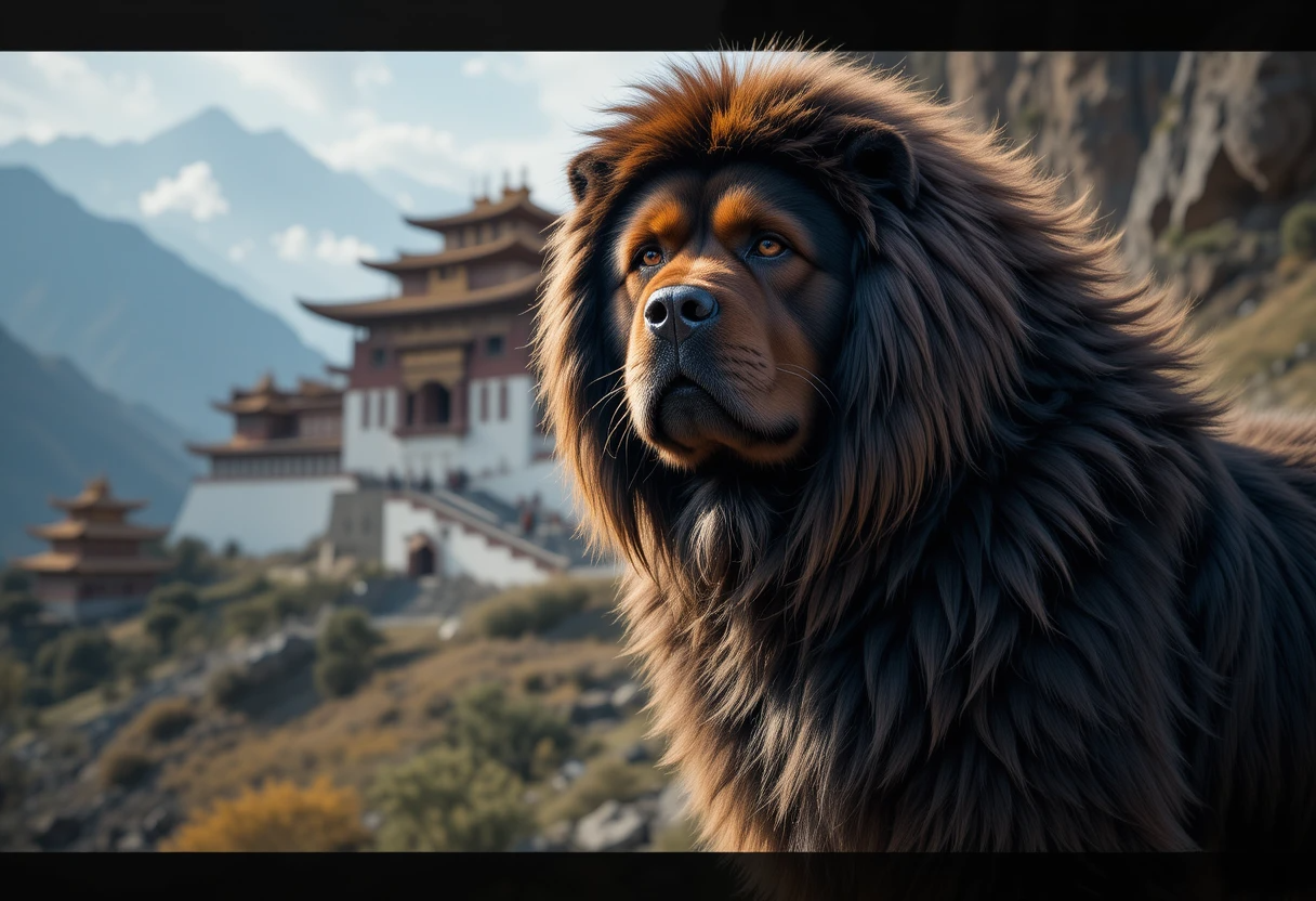 Top Chinese Tibetan Mastiff breeders standing proudly in front of a Tibetan monastery
