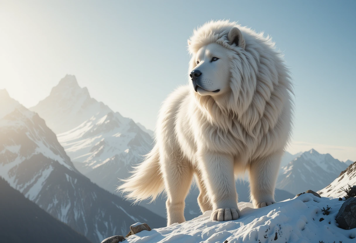 White giant Tibetan Mastiff standing proudly in the snowy Himalayas
