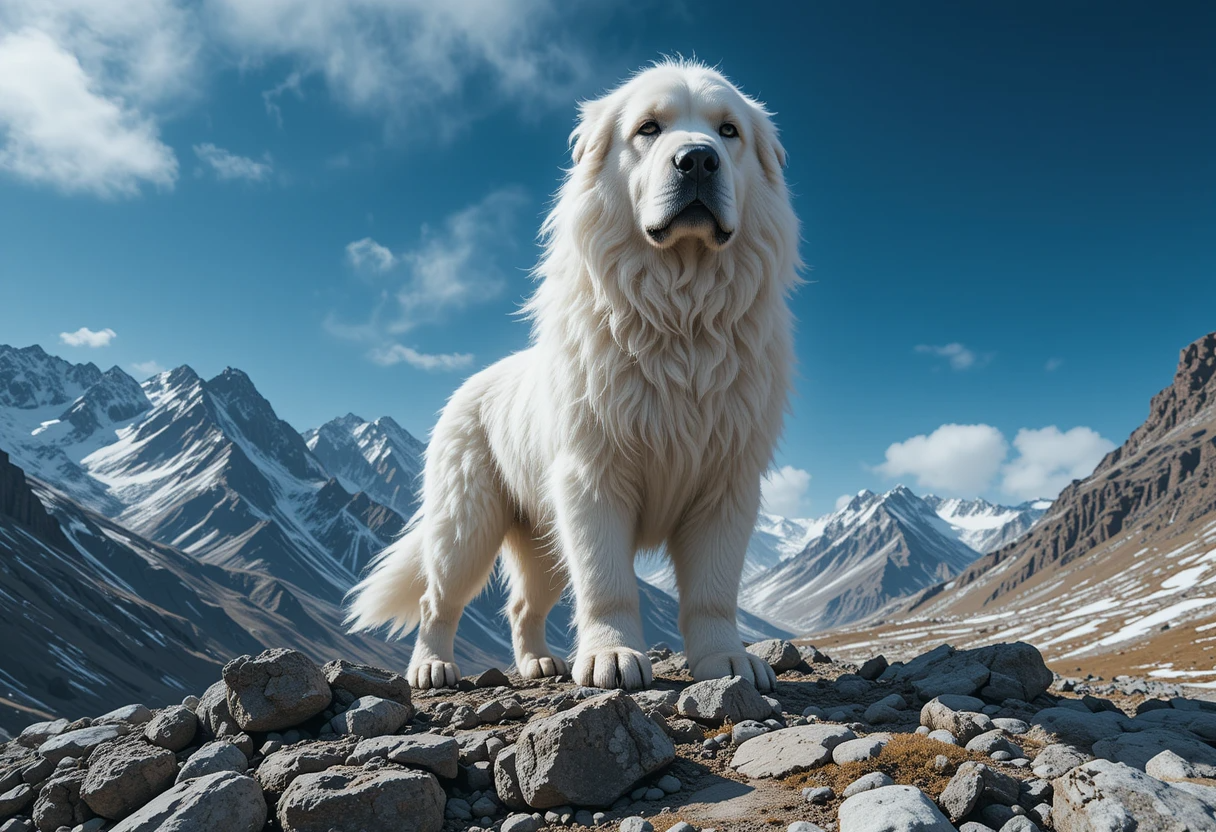White Giant Tibetan Mastiff: Price & Facts Guide 2 White giant Tibetan Mastiff standing proudly on the snowy Chang Tang Plateau