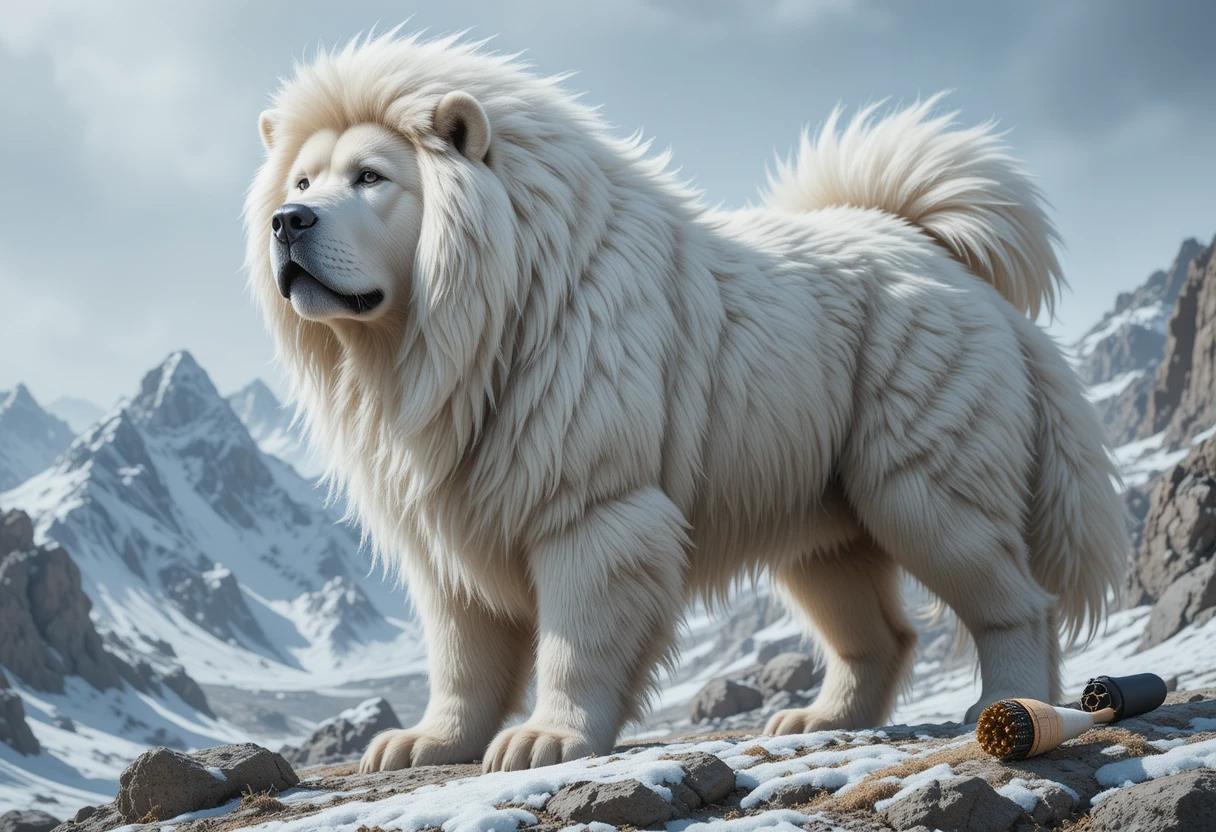 White Giant Tibetan Mastiff: Price & Facts Guide 4 White giant Tibetan Mastiff with thick double coat and strong build standing on snowy terrain